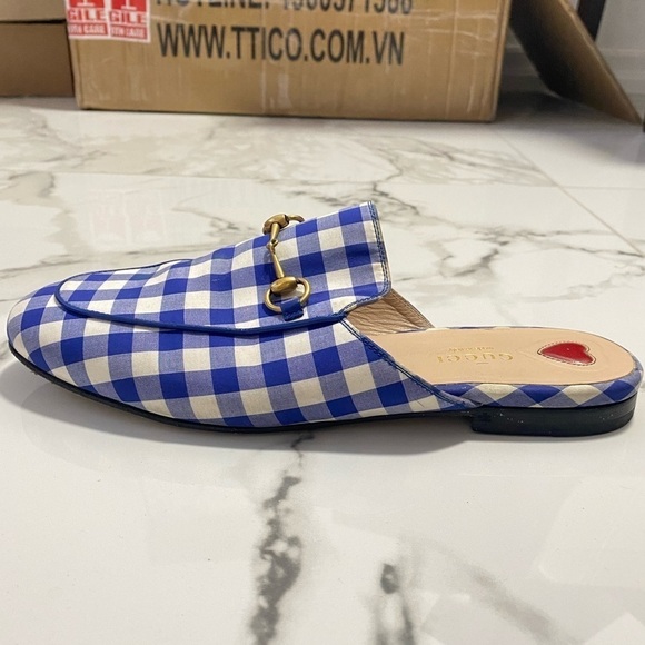 Gucci Horsebit Princetown White Blue Plaid Gingham Loafer Mules - Picture 6 of 9